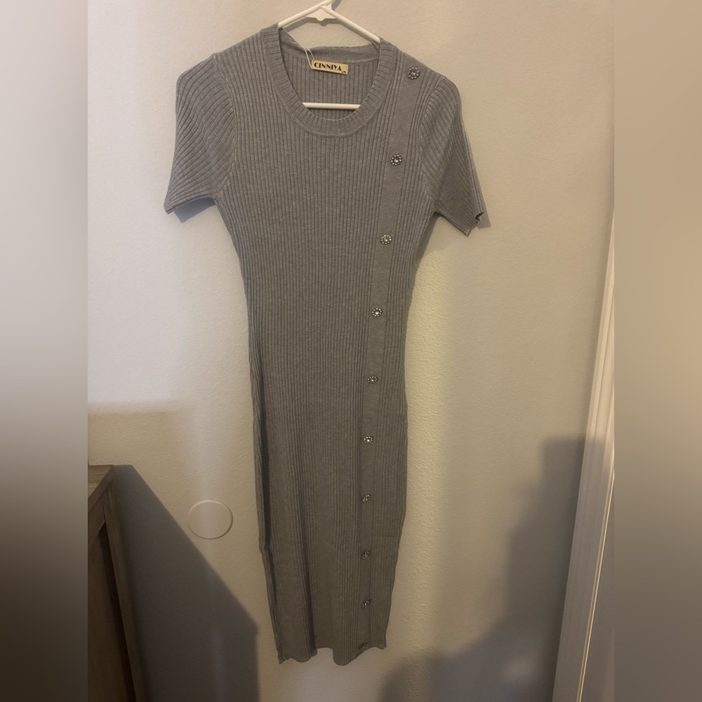 Grey Ribbed Knit Midi Dress Rhinestone Button Detail Bodycon. NWT. - Picture 2 of 5